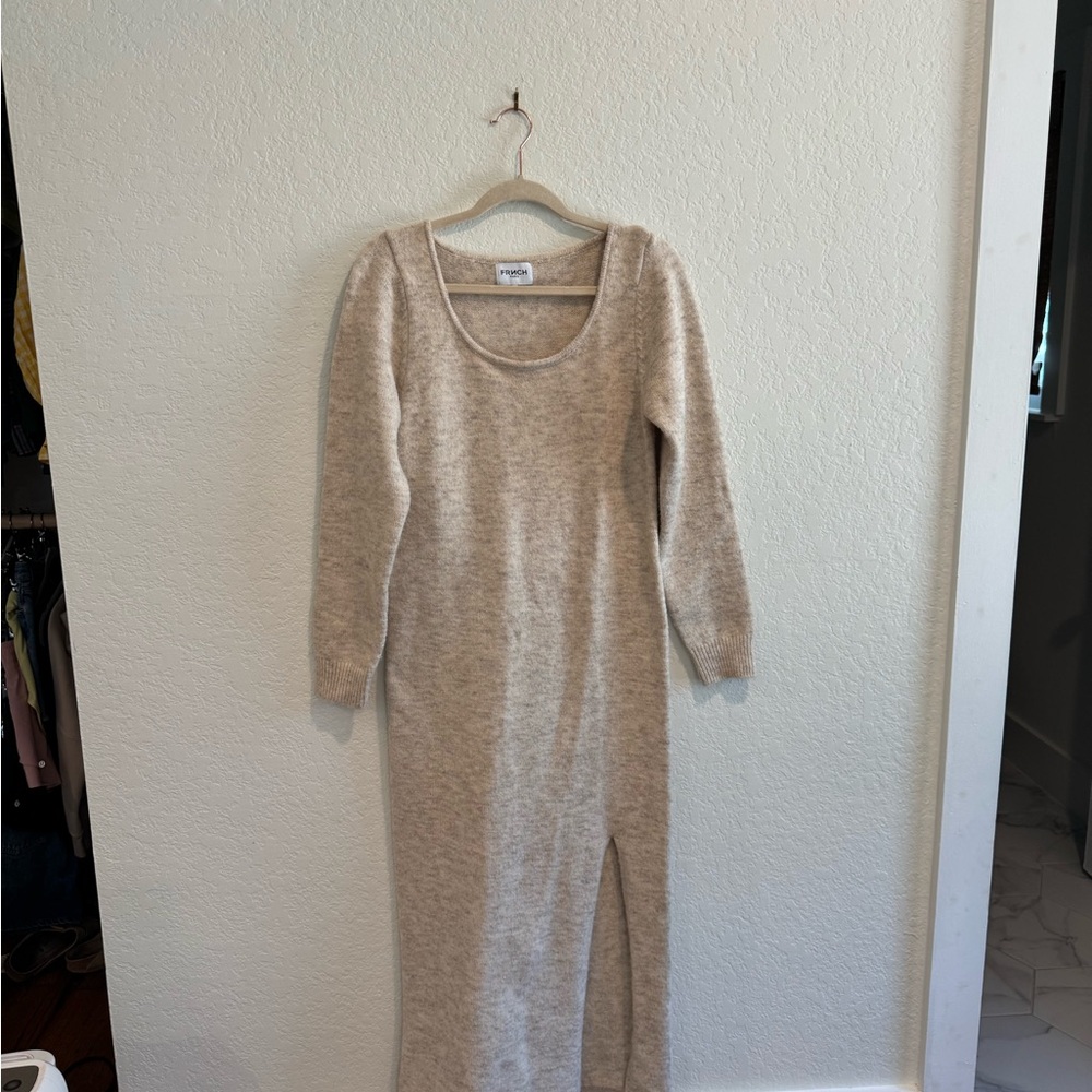 FRNCH Cozy Beige Knit Maxi sweater Dress with slit